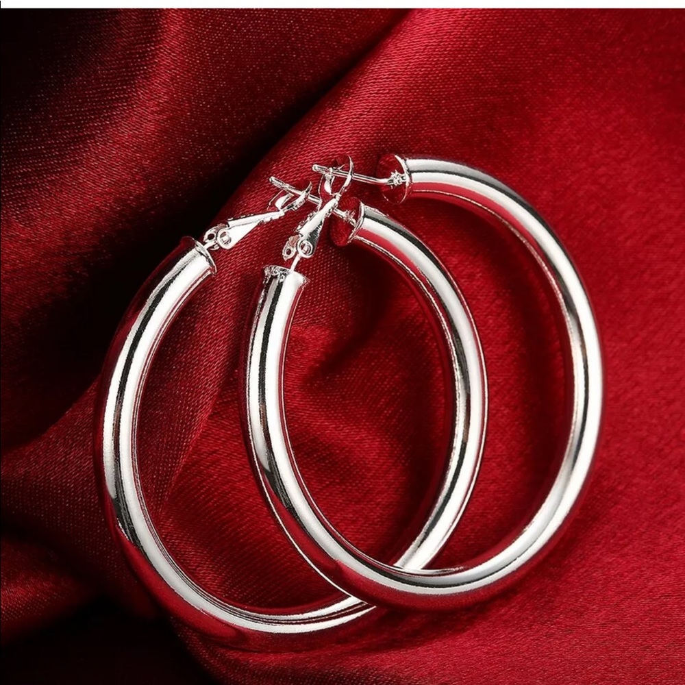 New 925 Silver 50 mm Beautiful Round Hoop Earrings - Picture 2 of 7